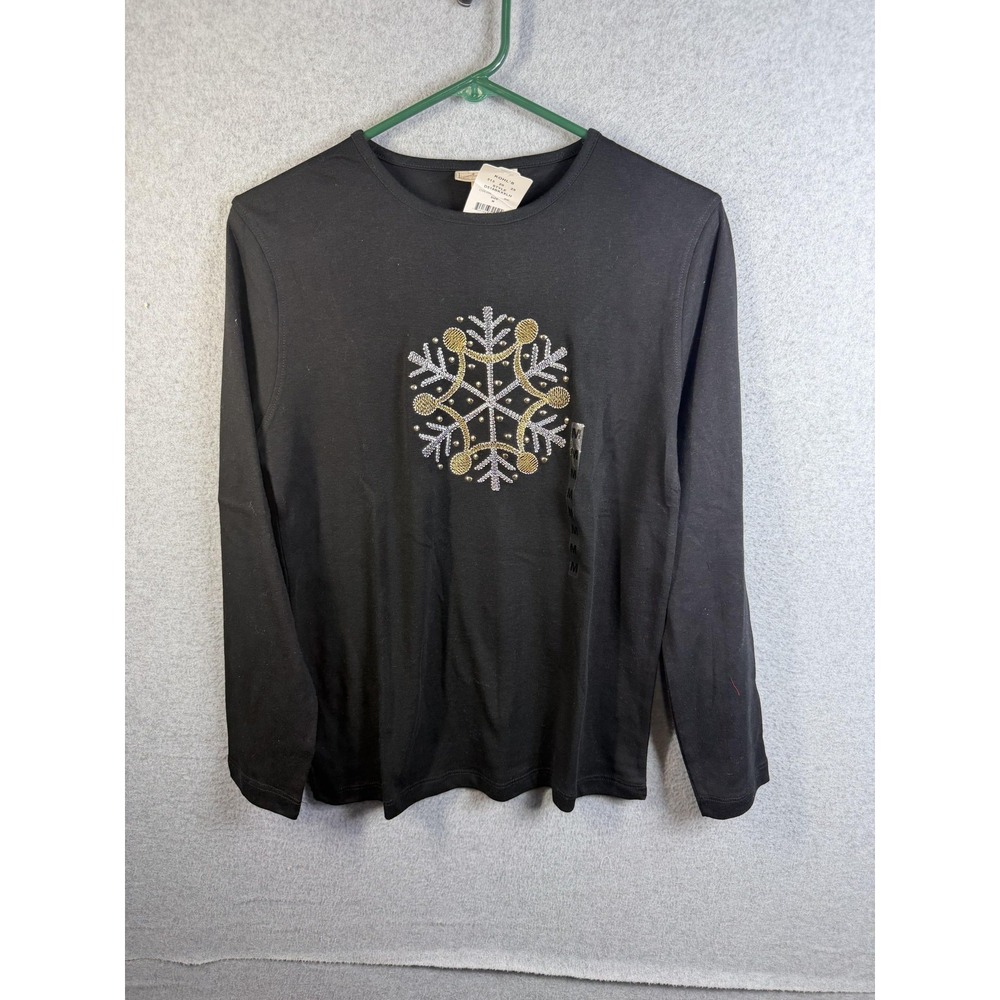 M&C Sportswear Shirt Womens Medium Black Snowflake Embroidered Long Sleeve Top